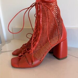 Daniella Shevel Red Lace-Up Block Heel Sandals